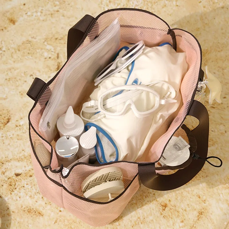 A Mesh Gym Beach Tote Bag Large Capacity Portable Handheld Travel Bag Swimming Swimsuit Storage Pouch for Outdoor Vacation Qme