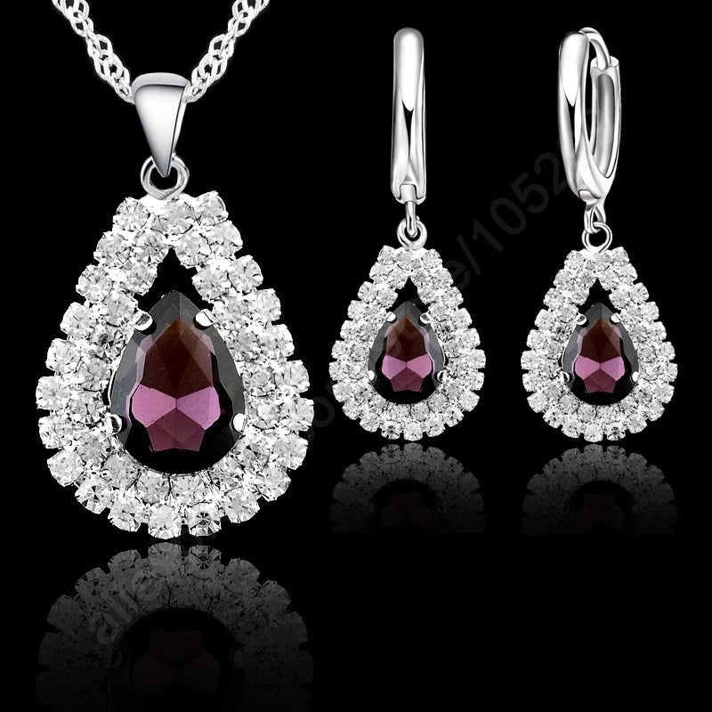 Hot Sale Bridal Jewelry Set 925 Sterling Silver Color Austrian Crystal Water Drop Necklaces Hoop Earring Women Party Engagement Qme