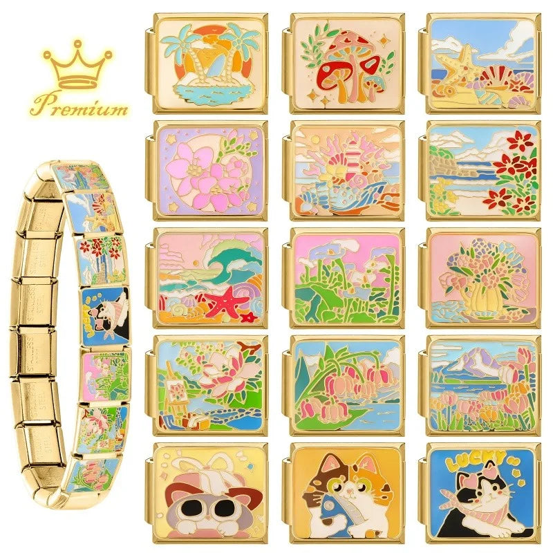 Gold Color Spring Summer Colorful Starfish Beach Sky Flowers Italian Charm Links Fit 9mm Women Stainless Steel DIY Bracelet Gift Qme