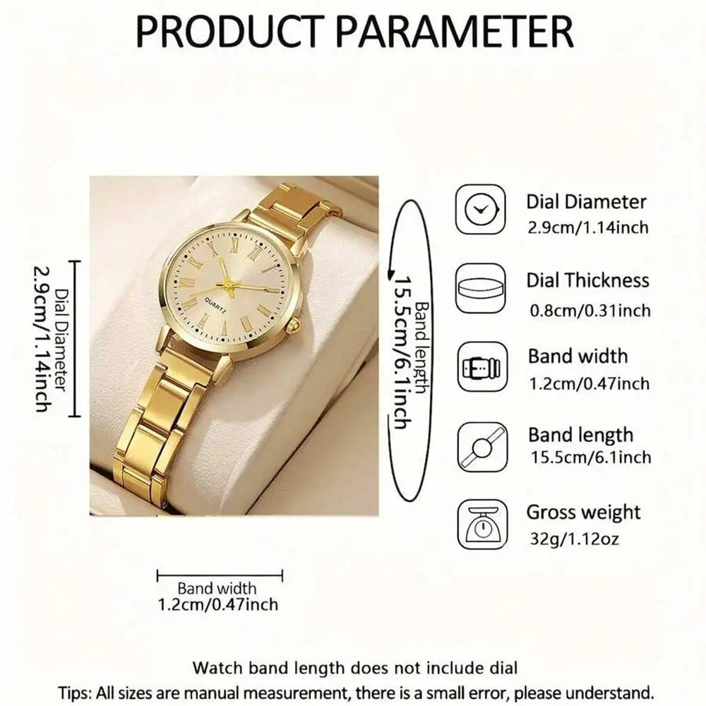 4PCS Golden Simple Roman Disc Women's Steel Belt Watch Love Bracelet Unlimited Diamond Set Bracelet Qme