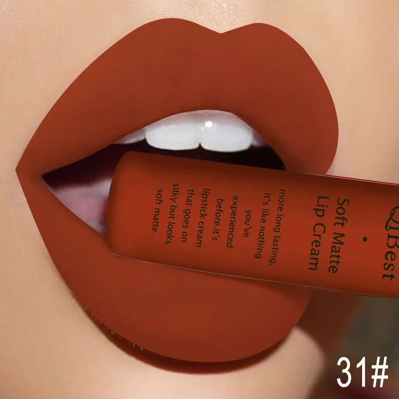 QIBEST Matte Liquid Lipstick Waterproof Lasting Velvet Lip Gloss Tint Tube Nude Pigment Red Black Purple Orange Lipsticks Makeup Qme 31