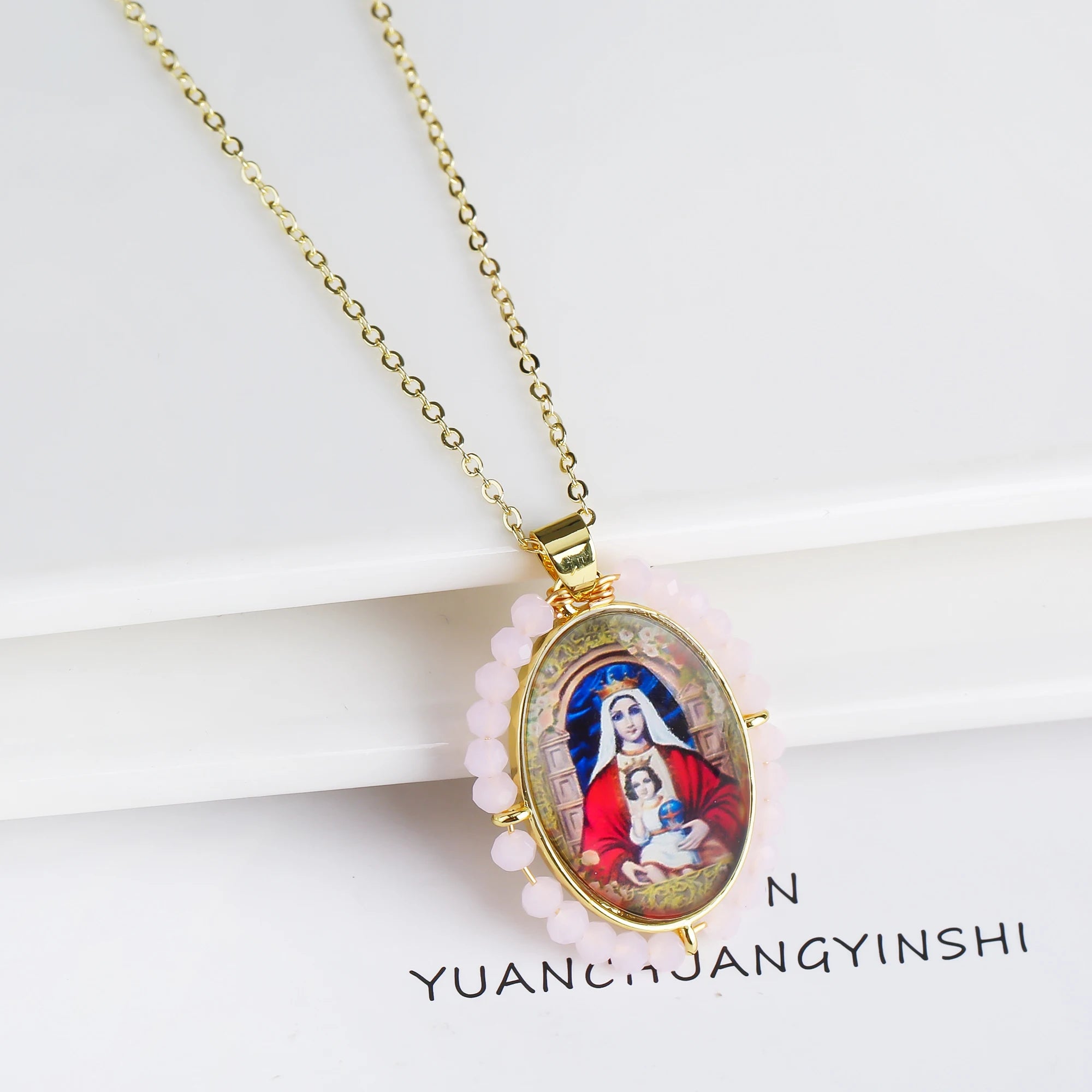 High Quality Hot Sale Religious Style Christian Catholic Image Pendant For Women Men Oval Shape Pave Beads Chain Choker Jewelry Qme 5