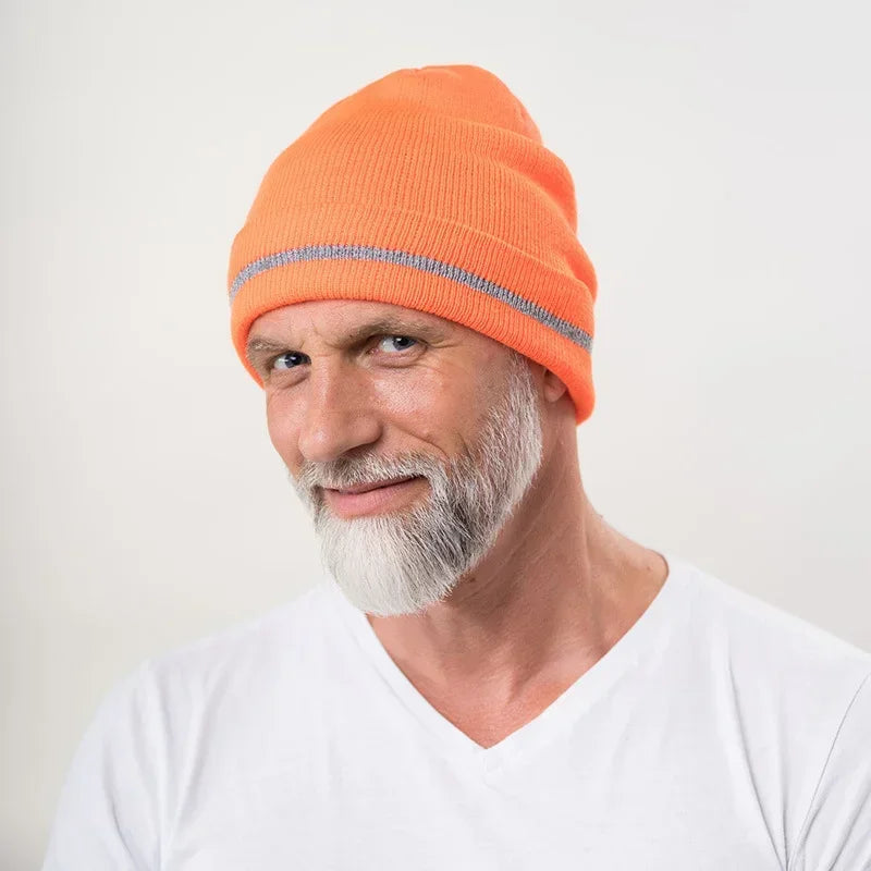 Casual Autumn Winter Warm Caps for Women and Men, Unisex Luminous Outdoor Cycling Ski Knitted Hats with Reflective Stripe Qme