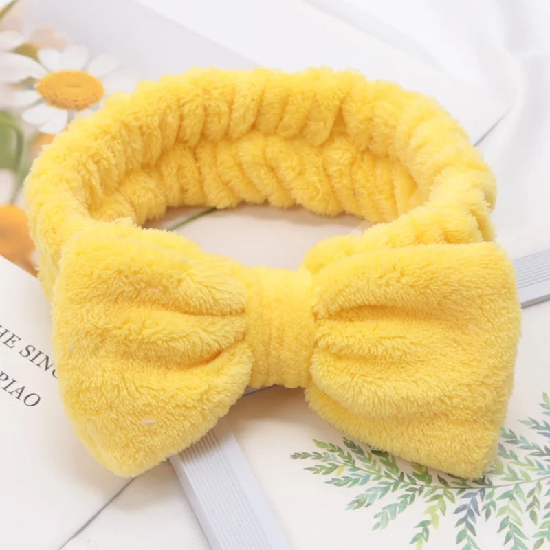 Soft Bow Headbands SPA Yoga Big Solid Coral Fleece Elastic Hair Bands Qme YELLOW