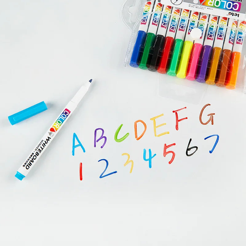 12/24Colors Dry Erase Markers Whiteboard Marker Pen Office School White Board Stationery Fine Tip Colored Pens Qme