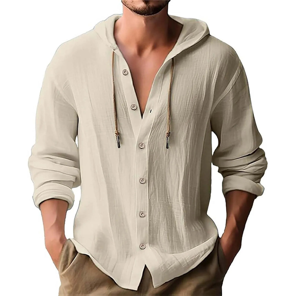 Men's Solid Color Casual Long Sleeved Shirt With Hood And Drawstring Cotton And Linen Cardigan Fashionable Daily Versatile Top Qme