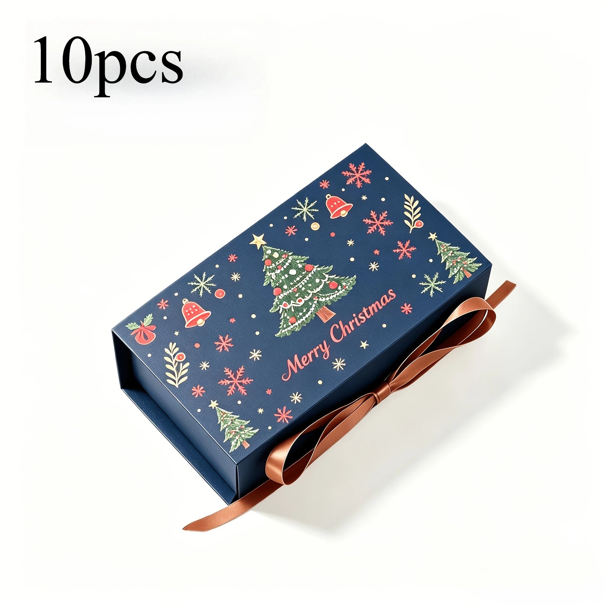 10pcs Merry Christmas Gift Boxes with Ribbon, Xmas Tree Snowflake Printed , Packaging Box for Holiday Biscuit Wedding Favor Qme 10pcs-Blue Reference size char