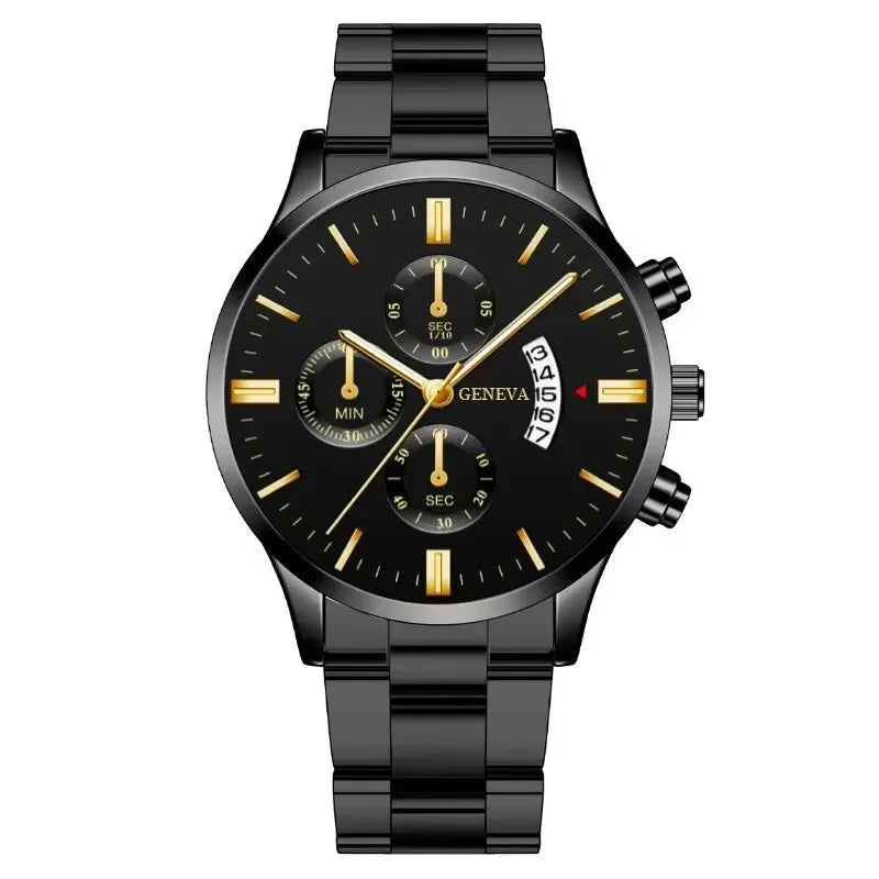 Fashion Mens Watches Luxury Silver Stainless Steel Quartz Wrist Watch Man Business Watch for Men Calendar Clock Reloj Hombre Qme Black Gold