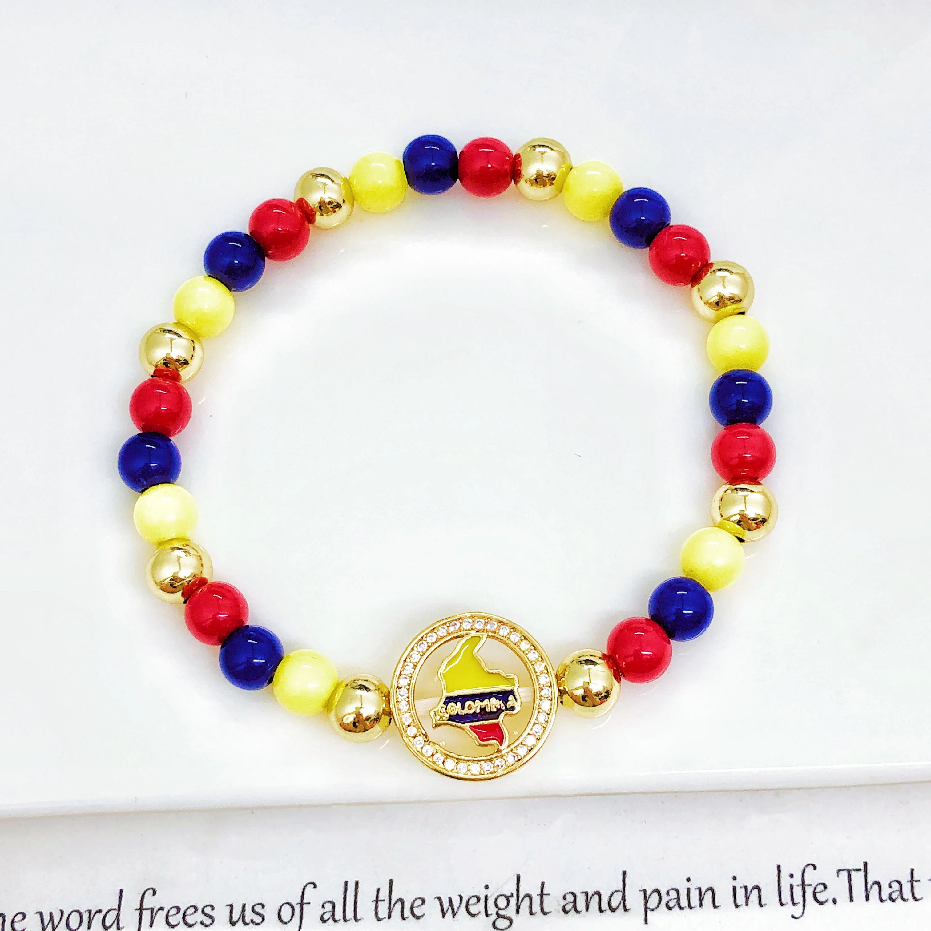 New Enamel Art Gold Plated Venezuela Mexico Colombia Flag Beaded Stretch Bracelet for Men Women Holiday Anniversary Jewelry Qme 7 18cm