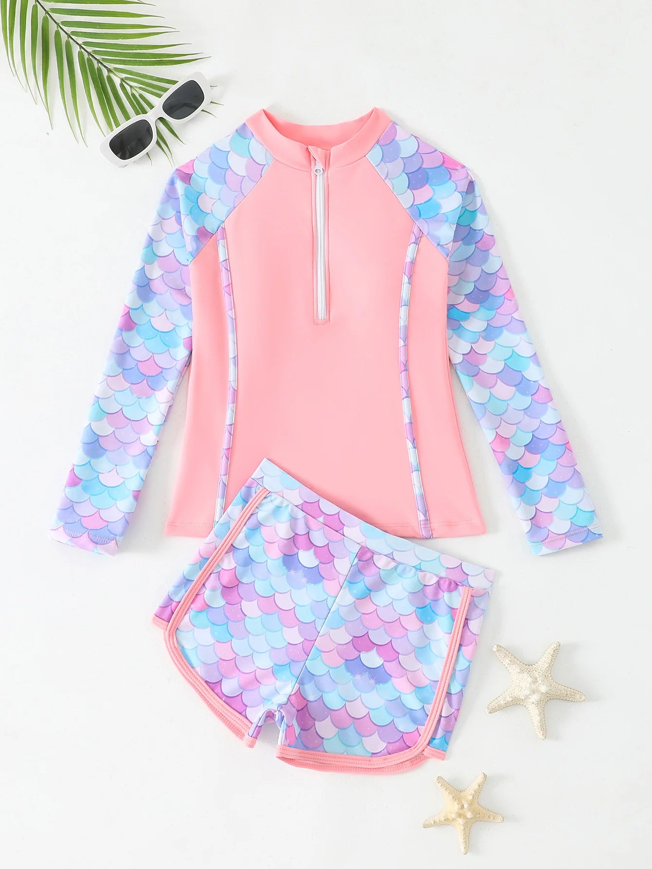 Girls Swimsuit 2025 Pink Long Sleeve Rash Guard Shirts Children Swimwear Summer Kids Beach Wear Shorts Quick-Dry Bathing Suit Qme Pink 160