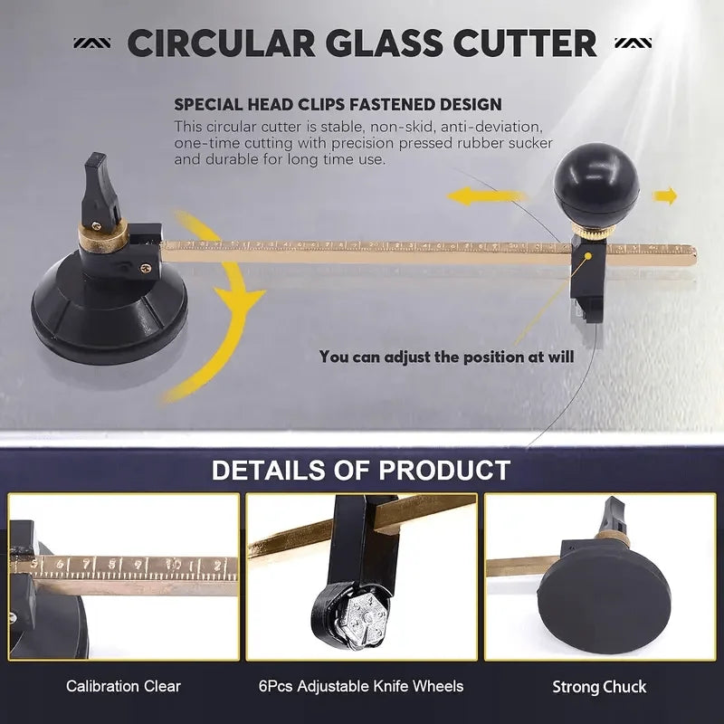 Adjustable Glass Circle Cutter With Suction Cup, Professional Round Glass Cutting Tool For Mirror Tile DIY Art Hole Opening Qme