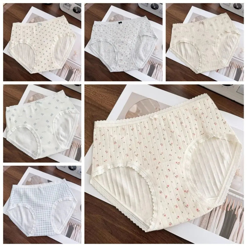 Cute Mid-waist Underwear Women Bear Grid Sweet Floral Panties Qme