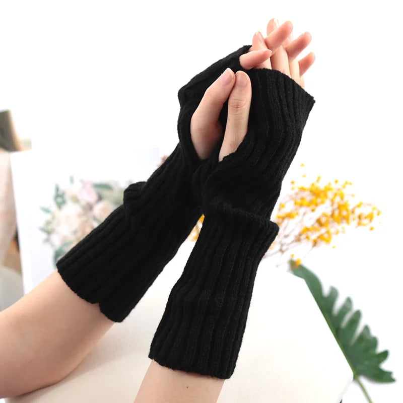 Long Fingerless Gloves Women Mitten Winter Arm Warmer Kawaii Knitted Qme black one size