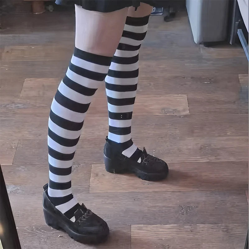 Women Striped Stockings Over Knee Length JK Long Socks Ladies Girls Qme
