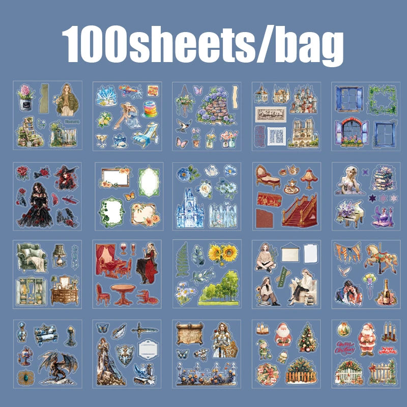 100 Sheets/Pack Gothic Christmas Cartoon Stickers for Handbook DIY Scrapbooking Office Stationery Mobile Phone Case Notebook Qme DEEP BLUE