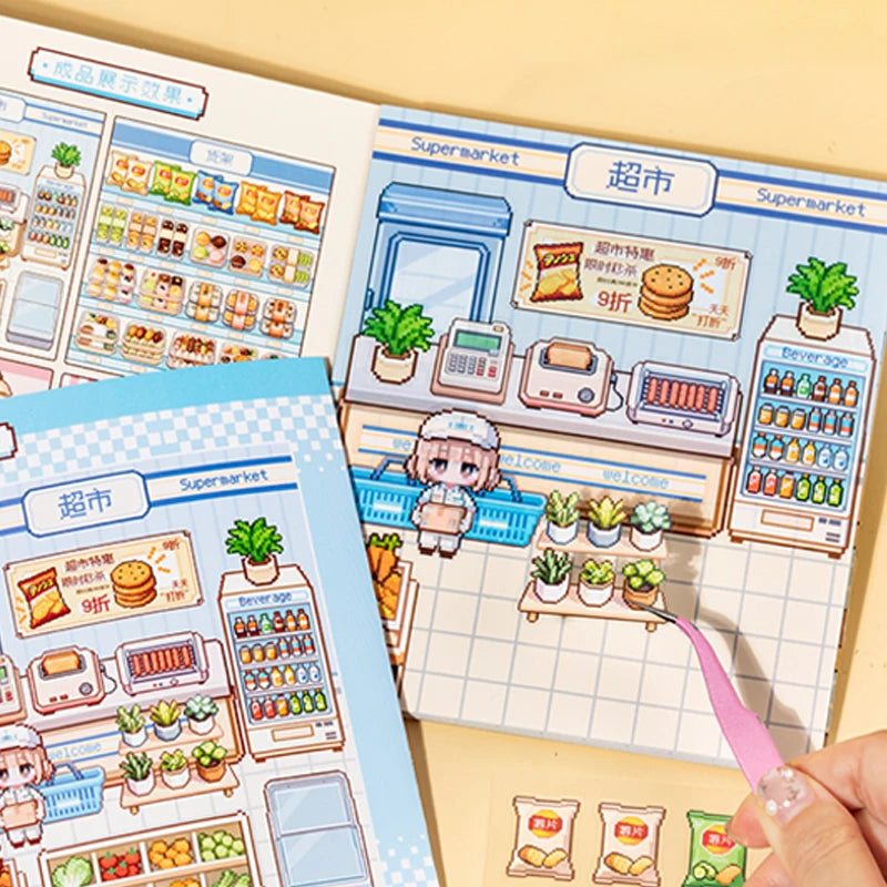 1 Book Pixel Art Mini Diorama Stickers, Cute Healing Scenes, Fun Relaxing Crafts, Ideal for Students & Office Workers Qme