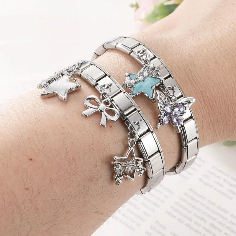 Fashion Blue Sereis Star Pearl Moon Butterfly Italian Charm Links Fit 9mm Stainless Steel Bracelet Women Jewelry DIY Making Gift Qme