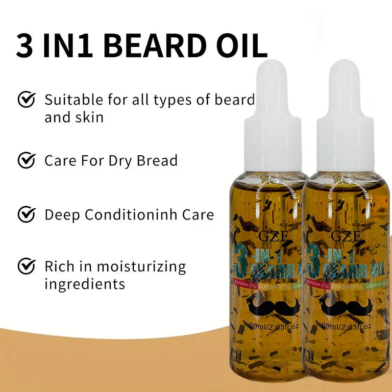 GZE 3-in-1 Beard Oil for Care - Moisturizes Beard & Conditions Skin - Eliminates Flakes - For Men with Short or Long Facial Hair Qme
