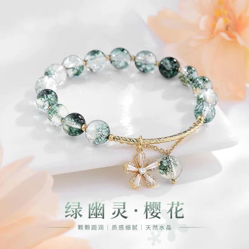 b74 Cherry Blossom Green Ghost Bracelet Advanced Design Lucky Crystal Green Ghost Elastic Bracelet Women's Jewelry Hand Gift Qme