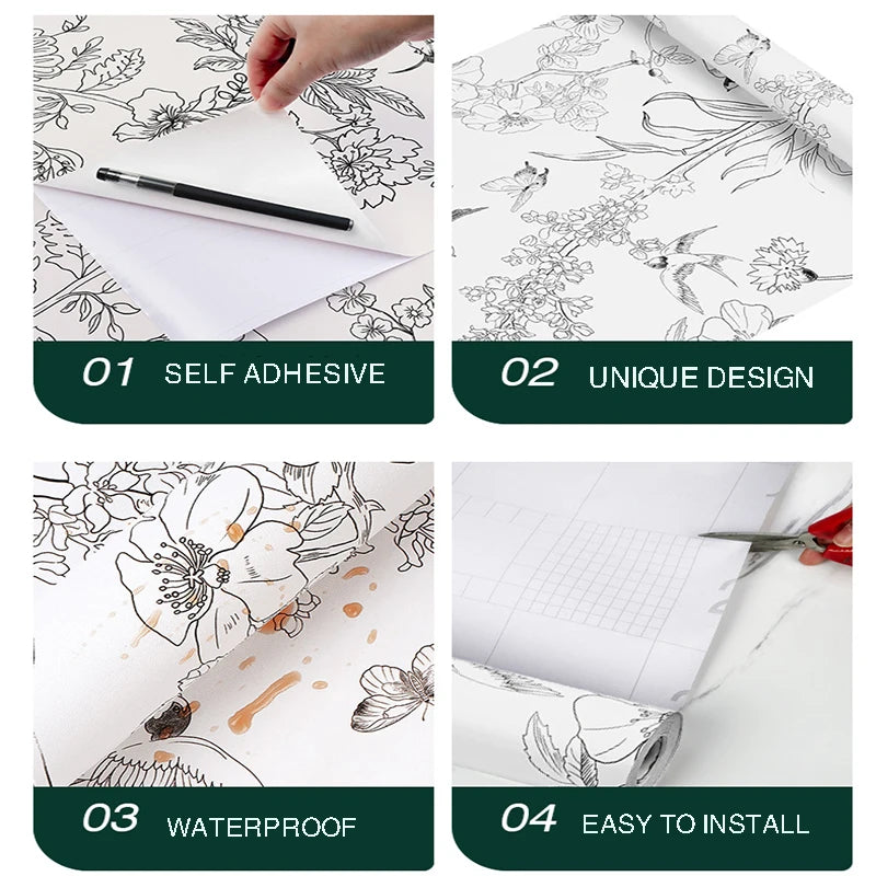Black White DIY Floral Wallpaper Peel Stick Contact Paper Flowers Qme
