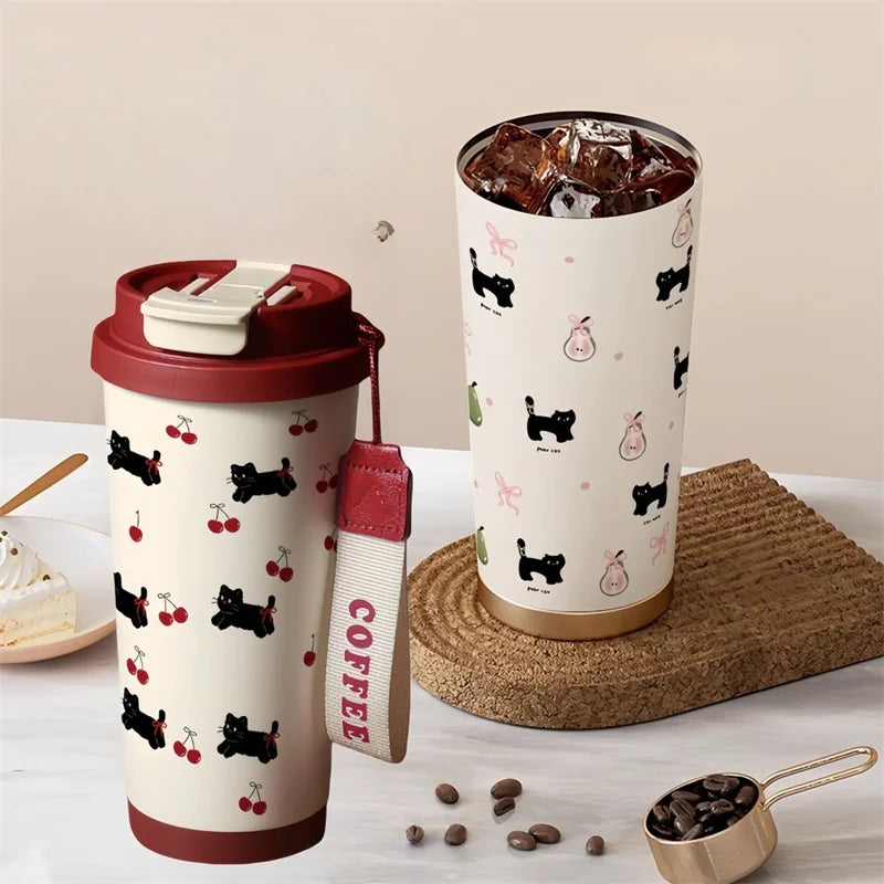 Floral Kitten Design Dual-drink Vacuum Insulated Cup Large Capacity Qme