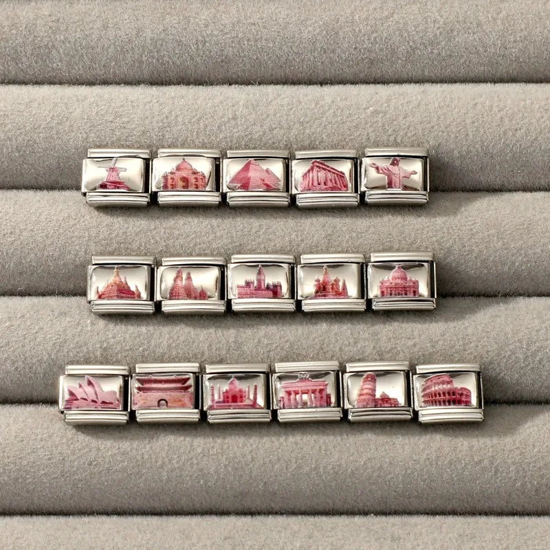 New2026 Hot Fashion Church Tower of Pisa Roman Colosseum Charm Italian Links Fit 9mm Bracelet Stainless Steel Making DIY Jewelry Qme