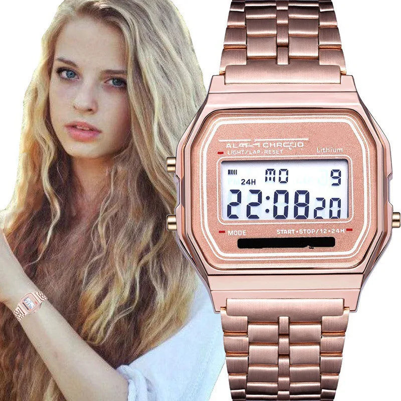 Steel strip LED electronic watch ultra-thin gold and silver cold light watch F91W steel strip original wind Fashion multifunctio Qme