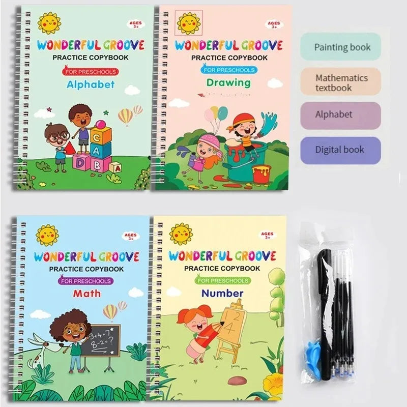 4 Books Pen Magic Copy Book Free Wiping Children Kids Writing Sticker Practice English Copybook For Calligraphy Montessori Gift Qme 4 book set with pen