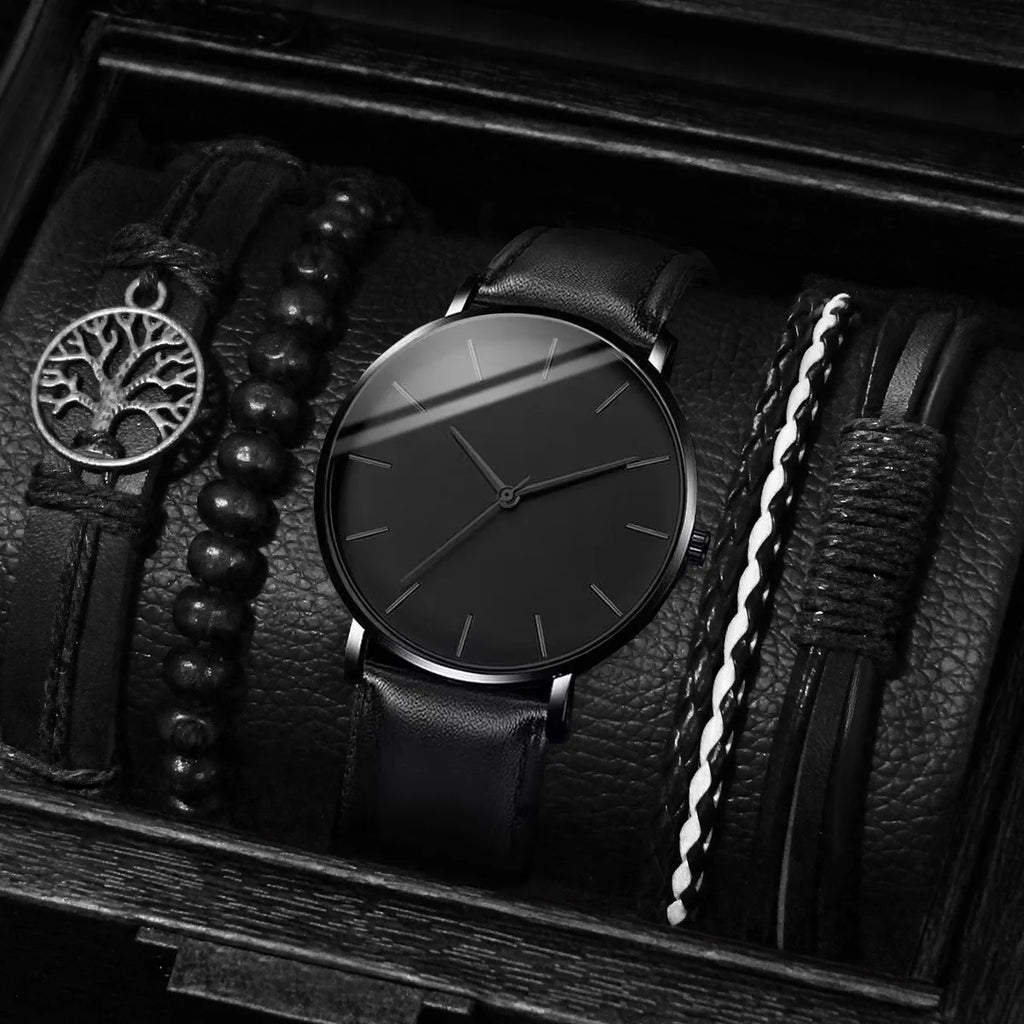 5PCS Minimalist stud watch, fashionable casual belt, student watch, new men's business quartz watch set Qme