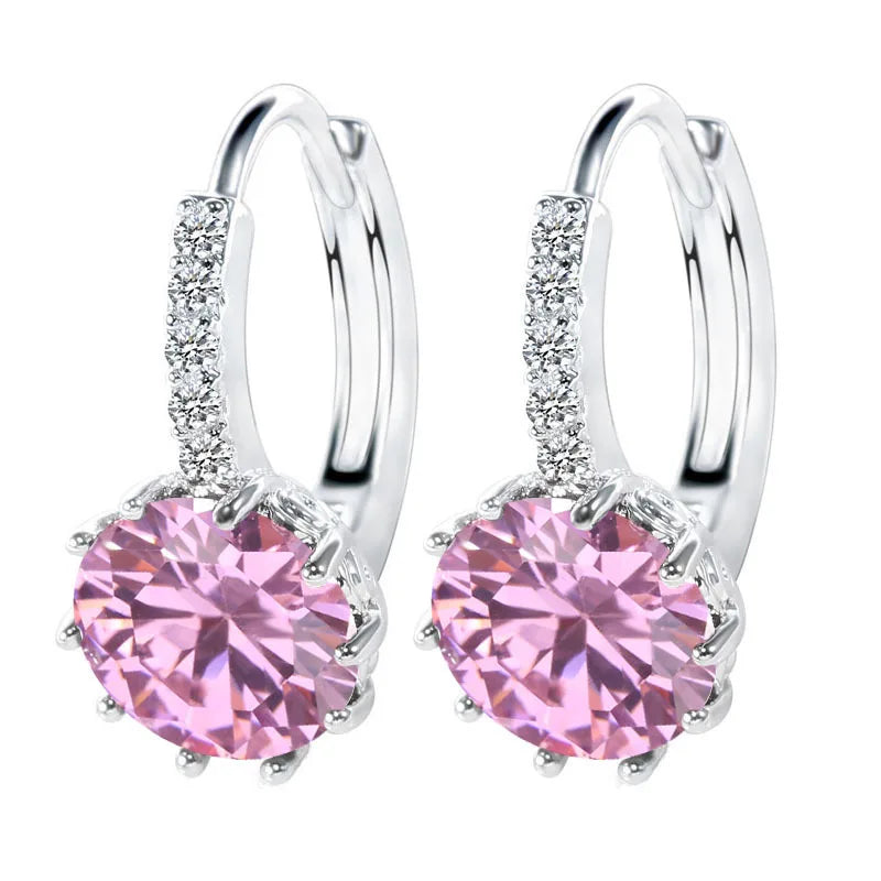 Big Sale 925 Sterling Silver Color Loop Hoop Earrings Candy Cubic Zircon Charms Women Jewelry Wedding Accessory Brincos Qme Pink round