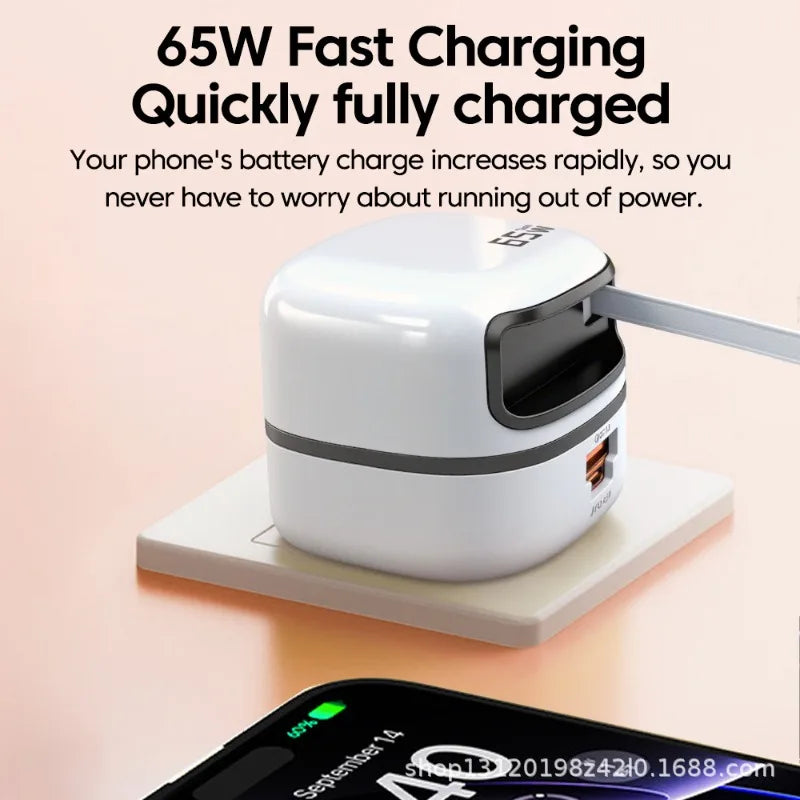 65W Foldable Wall Charger Retractable Cable Compact Travel Adapter Qme WHITE UK