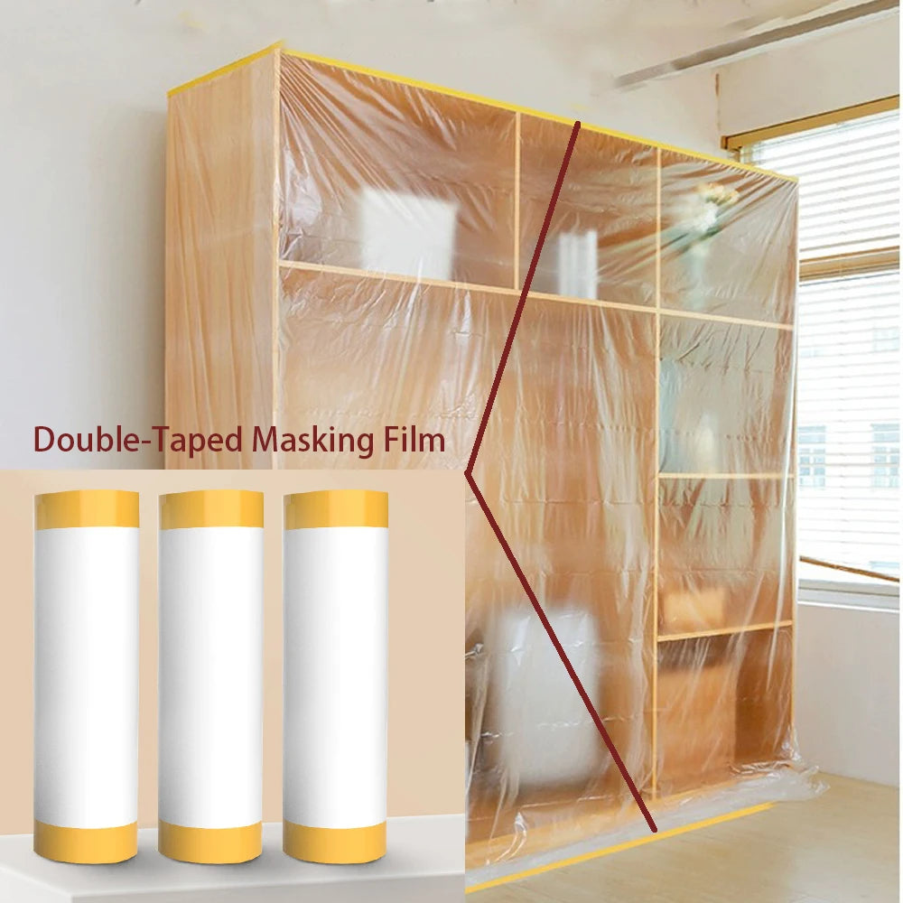 20M/65.6ft Double Pre-Taped Masking Film PE Drop Cloth Sheeting for Automotive Painting Furniture Living Room Dust-proof Protect Qme 450cmx20M