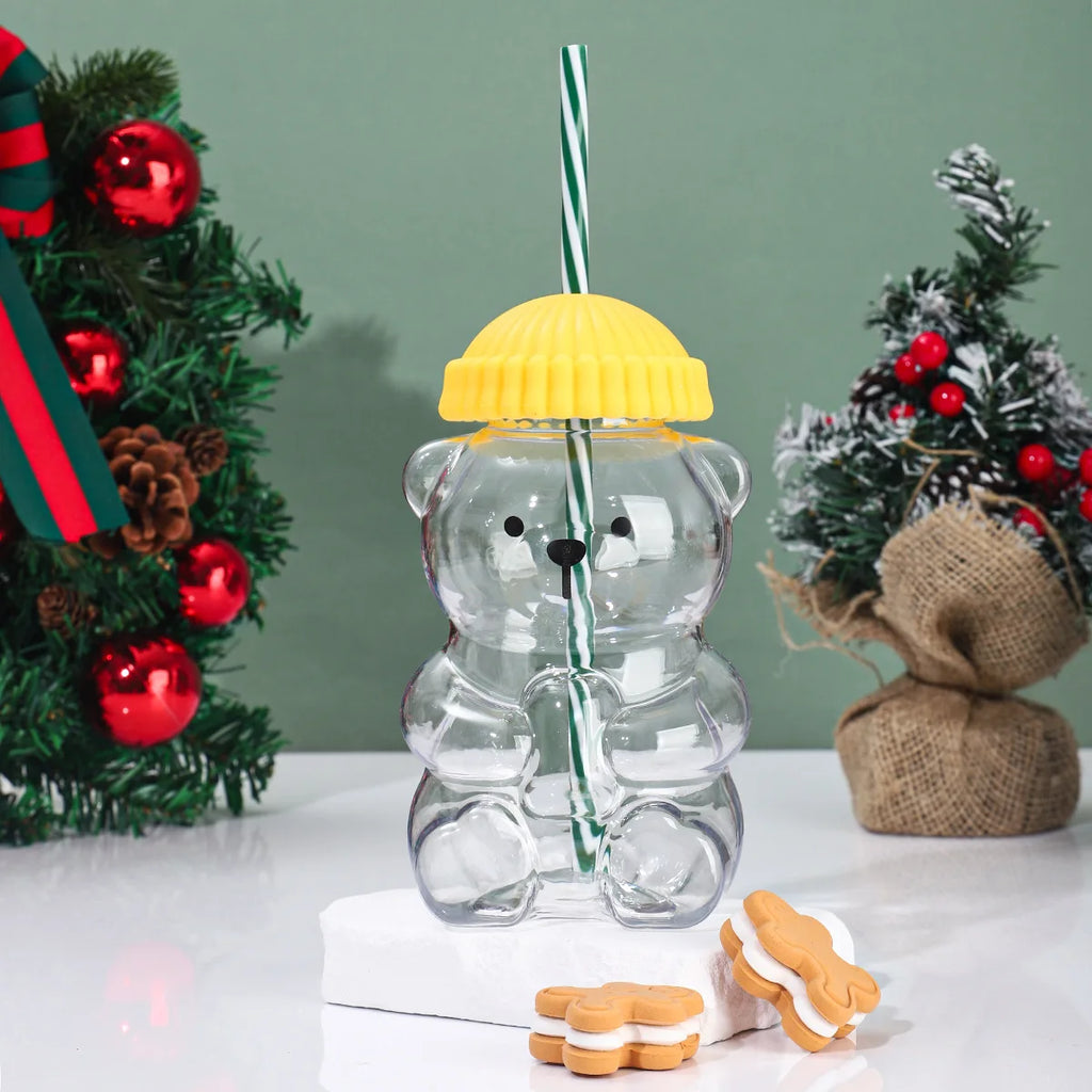 Cute Little Bear Plastic Cup Lid Straw Teddy Cold Drink Suitable Qme Yellow