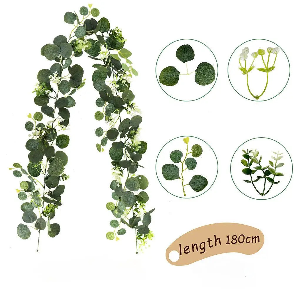 1pcArtificial Eucalyptus Leaves Greenery Garland Faux Plant Spring Vines with White Flowers Berries for Wedding Home Party Decor Qme Artificial Vine