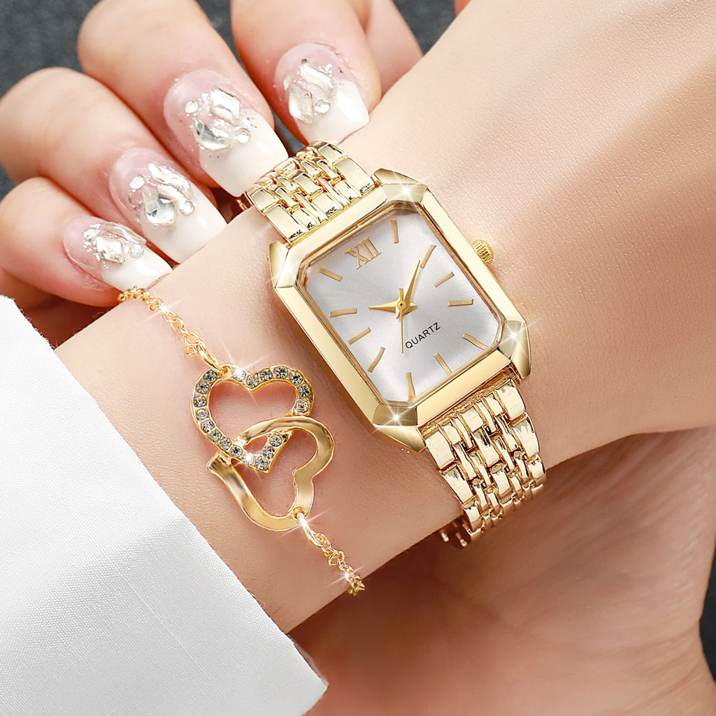 6PCS Simple and versatile square quartz watch with steel strip, fashionable quartz watch, fashionable light luxury student watch Qme