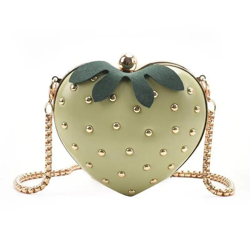 Red Leather Strawberry Crossbody Bag With Gold Studs And Chain Strap Perfect For Daily Outings Parties Teen Girls Qme Green