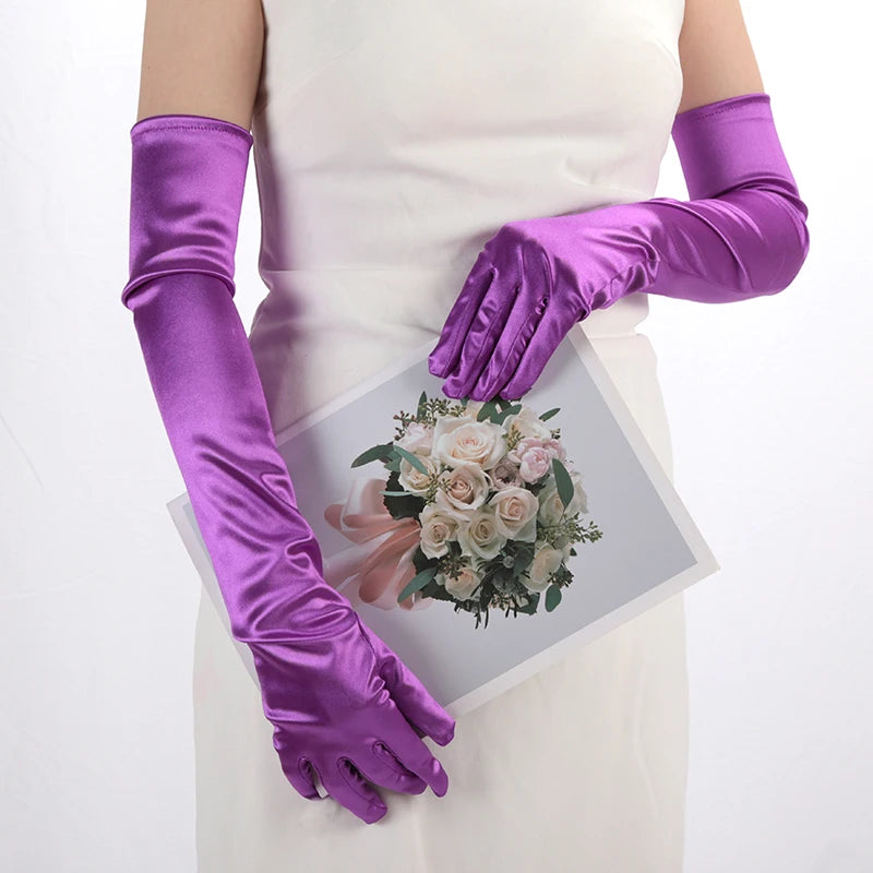 Classics Ladies Satin Long Mittens Stage Performance Women Black Colour Gloves Sexy Accessories Soft Smooth Solid High Stretch Qme Fuchsia One Size