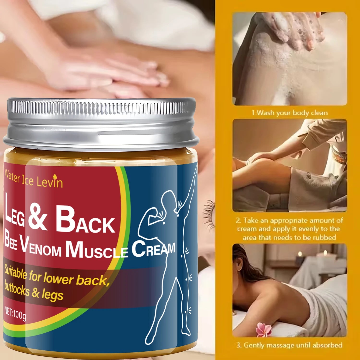 Leg & Back Bee Venom Muscle Cream for Lower Back, Buttocks & Legs - Moisturizing, Protective Formula for Elastic Skin. Qme
