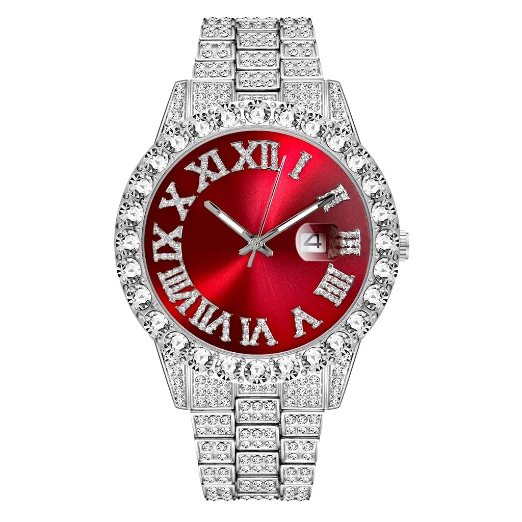 Iced Out Watch Men Luxury Brand Full Diamond Mens Watches AAA CZ Quartz Men's Watch Waterproof Hip Hop Male Clock Gift for Men Qme Silver Red