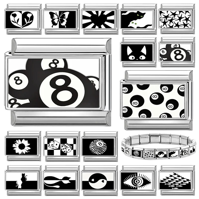 2026 New Fashion Black NO.8 Ball Cat Butterfly Italian Charms Fit 9mm Stainless Steel Women Fashion Bracelet DIY Jewelry Gifts Qme