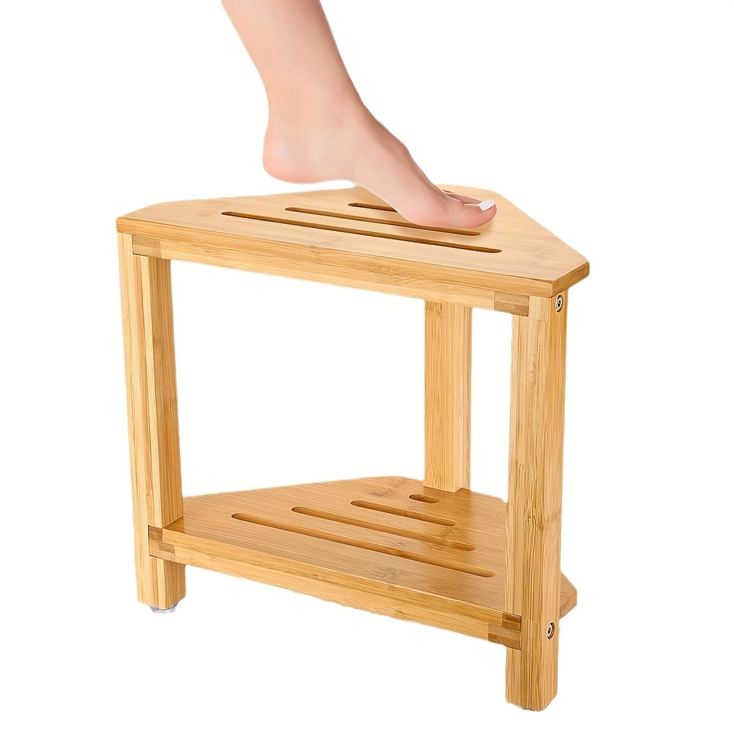 Shower Foot Rest Wood Shower Stool for Shaving Legs Waterproof Corner Shower Stool with Storage Shelf for Inside Shower Spaces Qme straight edge