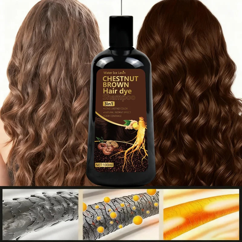 Water Ice Levin 3-in-1 Chestnut Brown Hair Dye Shampoo with Ginger & Ginseng for Instant Gray Coverage & Long-Lasting Color Qme