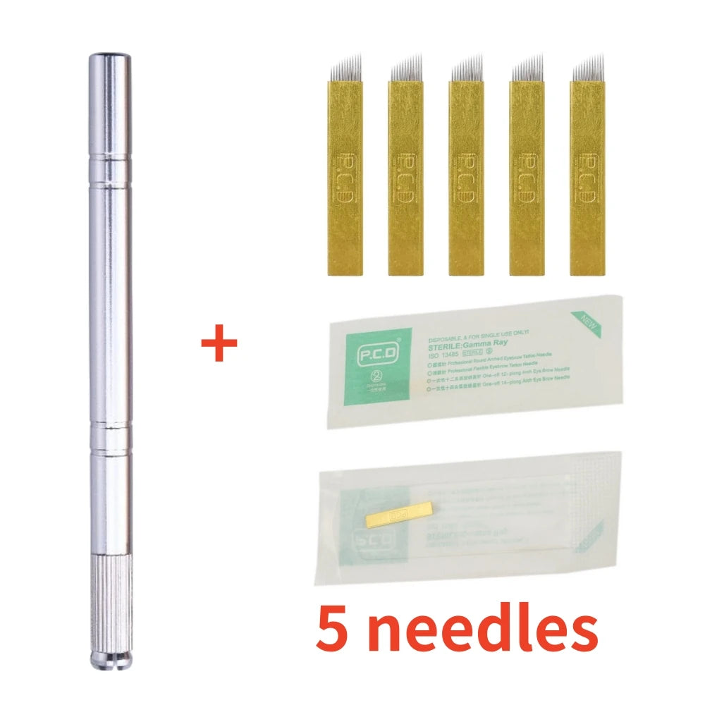 Golden Tebori 3D Microblading Tattoo Pen Needles Permanent Makeup Manual Professional Eyebrow Microblading Tattoo Set Tool Qme Silver 5 Needles