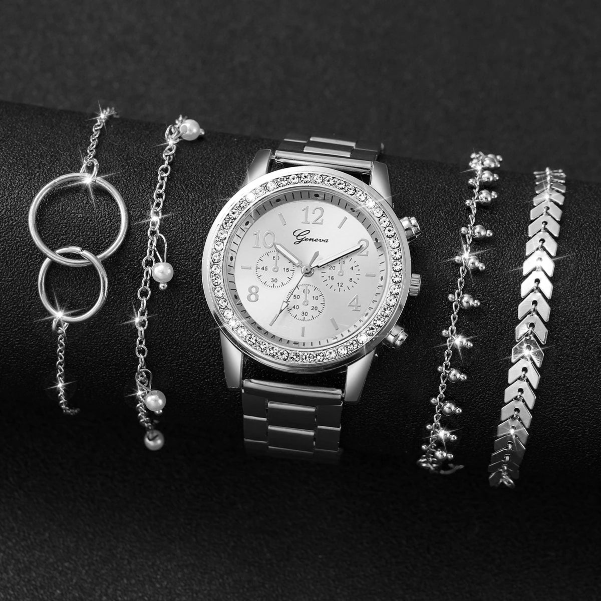 5PCS/Set Fashion Rhinestone Women's Watch Silver Alloy Band Analog Quartz Watches Bracelets Set Qme 5PCS Set