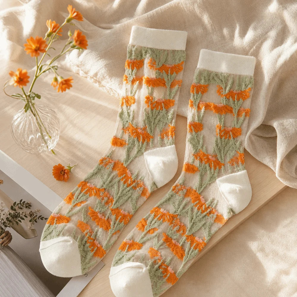 Cute Ultra-Thin Floral Embroidery Socks Crystal Silk Tulle Fabric Mesh Lace Socks Transparent Nylon Long Socks Summer Qme