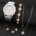 5Pcs Heart Crystal Watch Jewelry Set Women Geneva White Silicone Chronograph Quartz Wristwatch Matching Heart Jewelry Gift Qme Rose