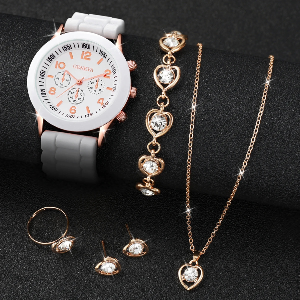 5Pcs Heart Crystal Watch Jewelry Set Women Geneva White Silicone Chronograph Quartz Wristwatch Matching Heart Jewelry Gift Qme Rose