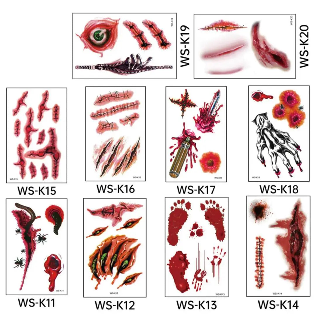 A 10pcs Waterproof Halloween Tattoo Stickers Bleeding Wound Scar Temporary Tattoos for Women Men Fake Tattoo For Halloween Party Qme 10pcs WS-K11K20