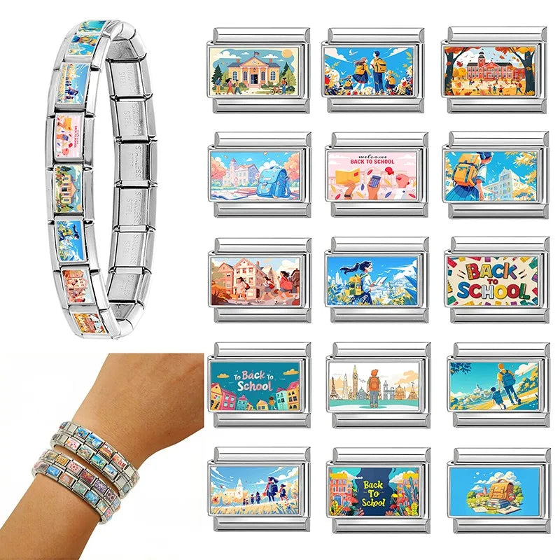 Blue Landscape Sky School Student Schoolbag City Italian Charms Fit 9mm Stainless Steel Women Fashion Bracelet DIY Jewelry Gifts Qme