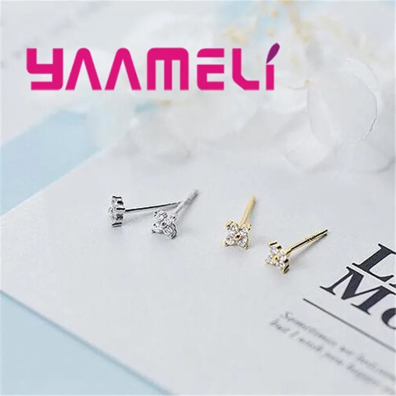 100% Real 925 Sterling Silver Color Clover Stud Earrings Bright Zircon Earrings For Women Girl Fashion Trendy Jewelry Qme